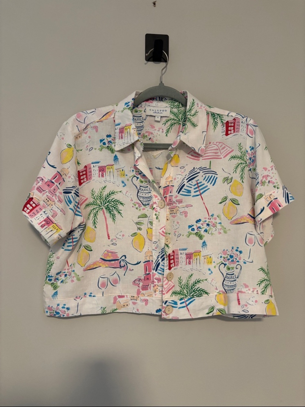 Calypso St. Barth linen cropped vacation printed top size small